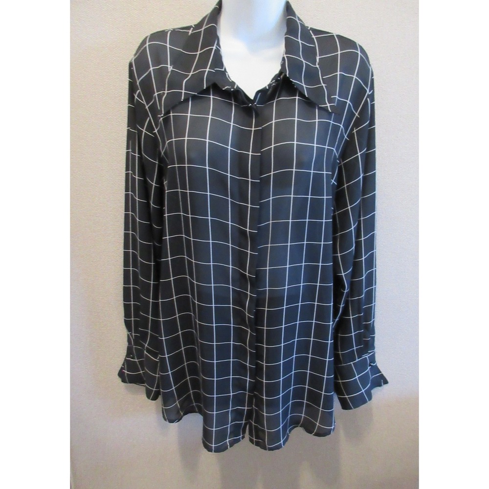 Vintage Metropolitan Tunic Shirt Size Large Button Front Sheer Plaid Wide Collar